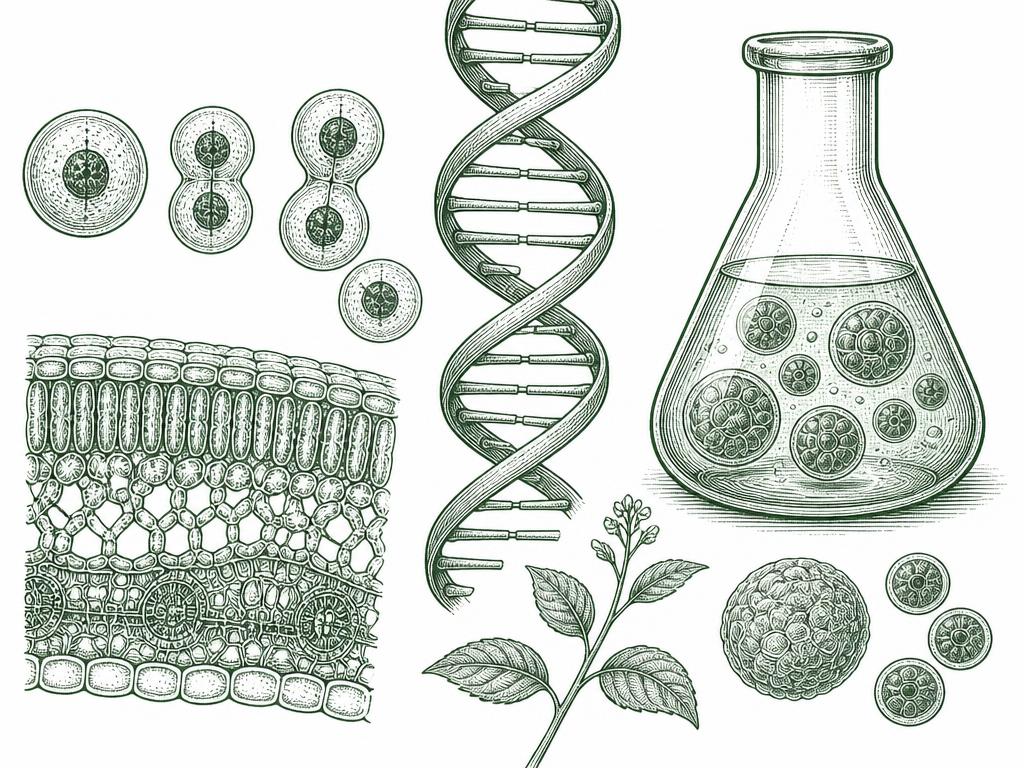 Engraving-style illustration of DNA, dividing cells, tissue cross-section, and cell cultures