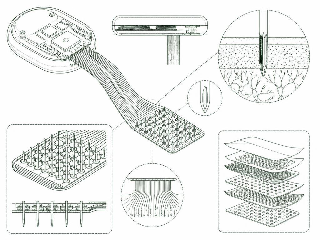 Technical drawing of an implantable neural interface and microelectrode array