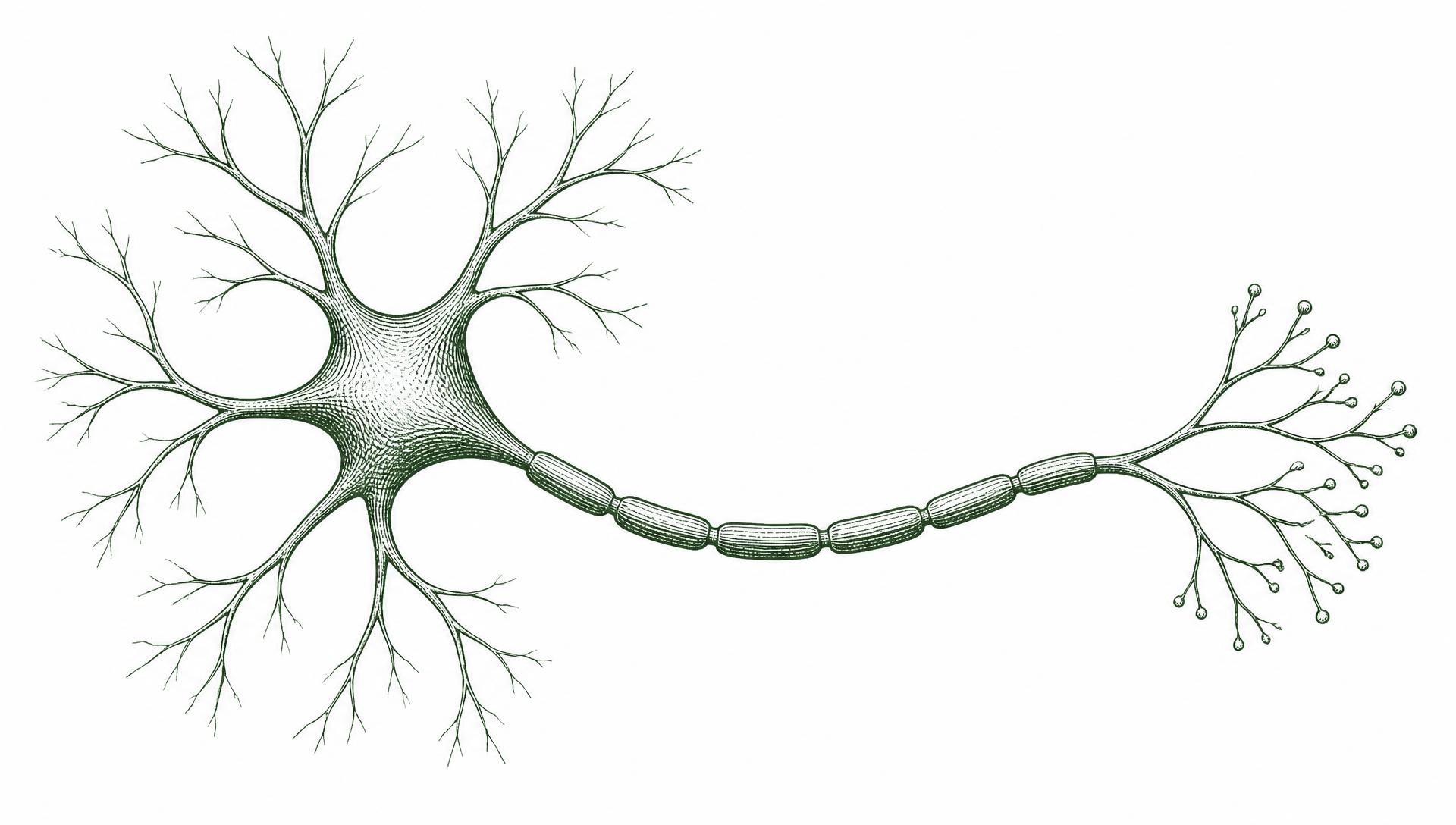 Scientific illustration of a neuron with branching dendrites